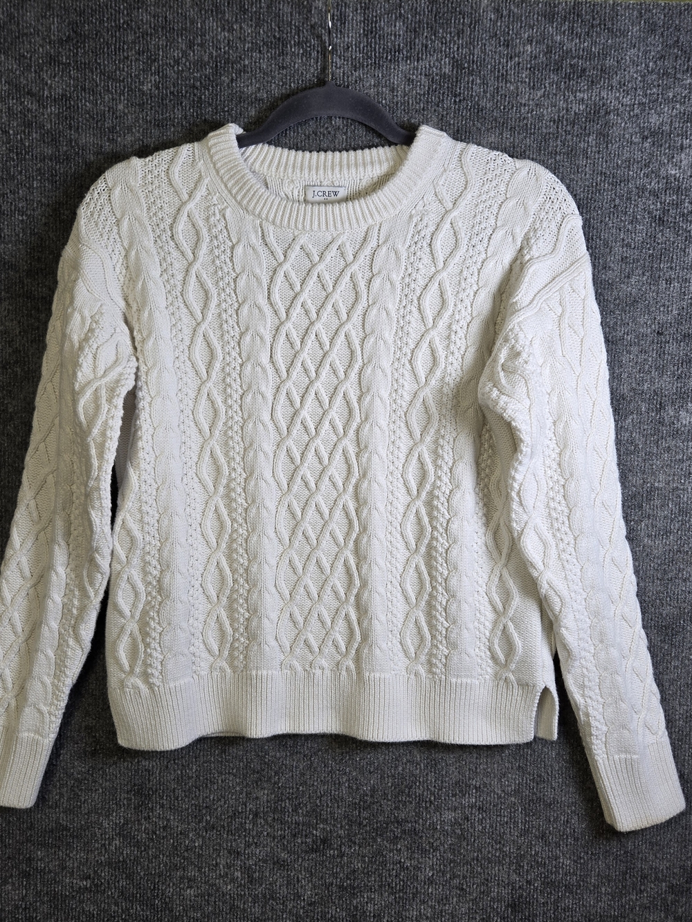 J Crew Sweater Womens S White Cotton Cable Knit Crew Neck Fisherman